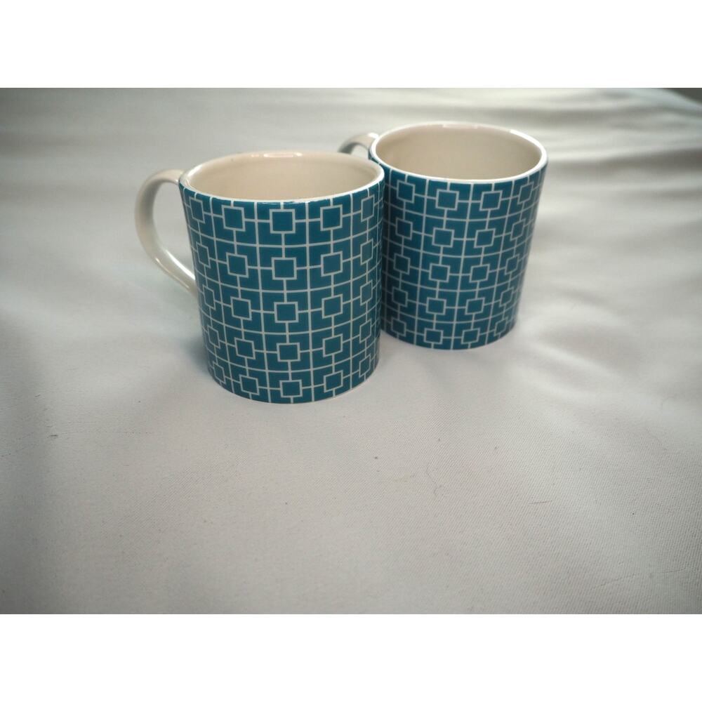 Jonathan Adler Happy Chic Turquoise Geometric Square Grid Coffee Mugs Set of 2